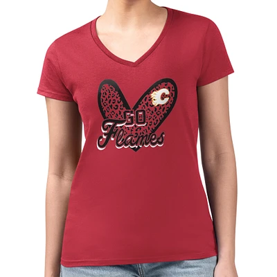 Women's G-III 4Her by Carl Banks Calgary Flames Super-Slim Fit Lightweight Animal Print Heart V-Neck T-Shirt