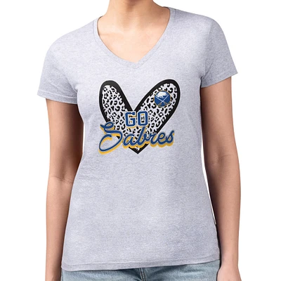 Women's G-III 4Her by Carl Banks Heather Gray Buffalo Sabres Super-Slim Fit Lightweight Animal Print Heart V-Neck T-Shirt