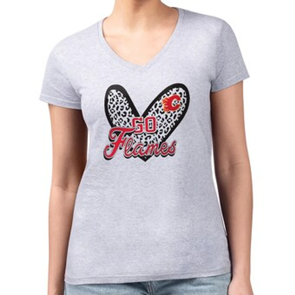 Women's G-III 4Her by Carl Banks Heather Gray Calgary Flames Super-Slim Fit Lightweight Animal Print Heart V-Neck T-Shirt