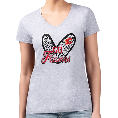 Women's G-III 4Her by Carl Banks Heather Gray Calgary Flames Super-Slim Fit Lightweight Animal Print Heart V-Neck T-Shirt