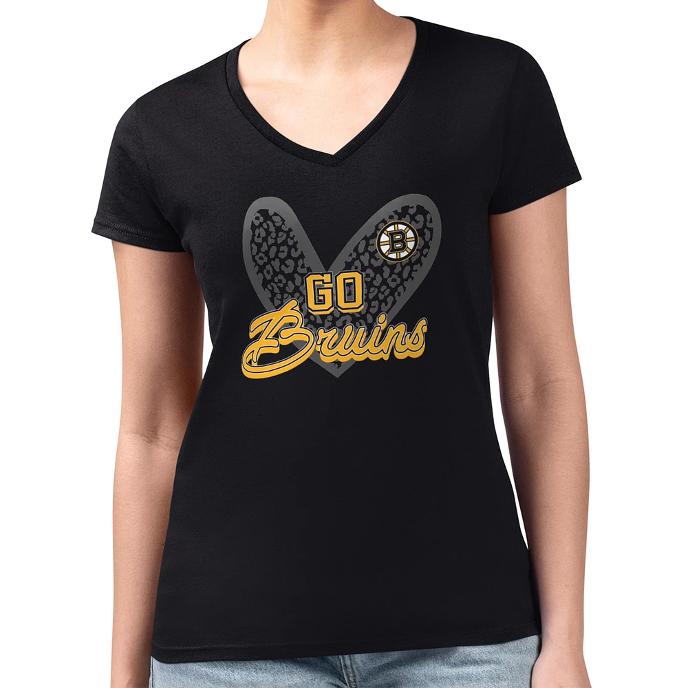 Women's G-III 4Her by Carl Banks Boston Bruins Super-Slim Fit Lightweight Animal Print Heart V-Neck T-Shirt