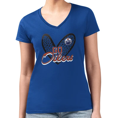 Women's G-III 4Her by Carl Banks Royal Edmonton Oilers Super-Slim Fit Lightweight Animal Print Heart V-Neck T-Shirt
