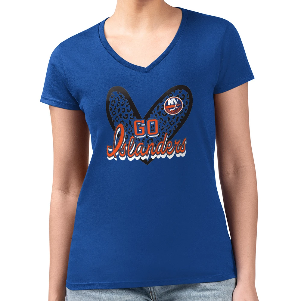 Women's G-III 4Her by Carl Banks Royal New York Islanders Super-Slim Fit Lightweight Animal Print Heart V-Neck T-Shirt