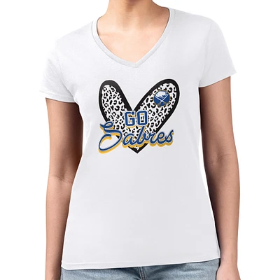 Women's G-III 4Her by Carl Banks White Buffalo Sabres Super-Slim Fit Lightweight Animal Print Heart V-Neck T-Shirt