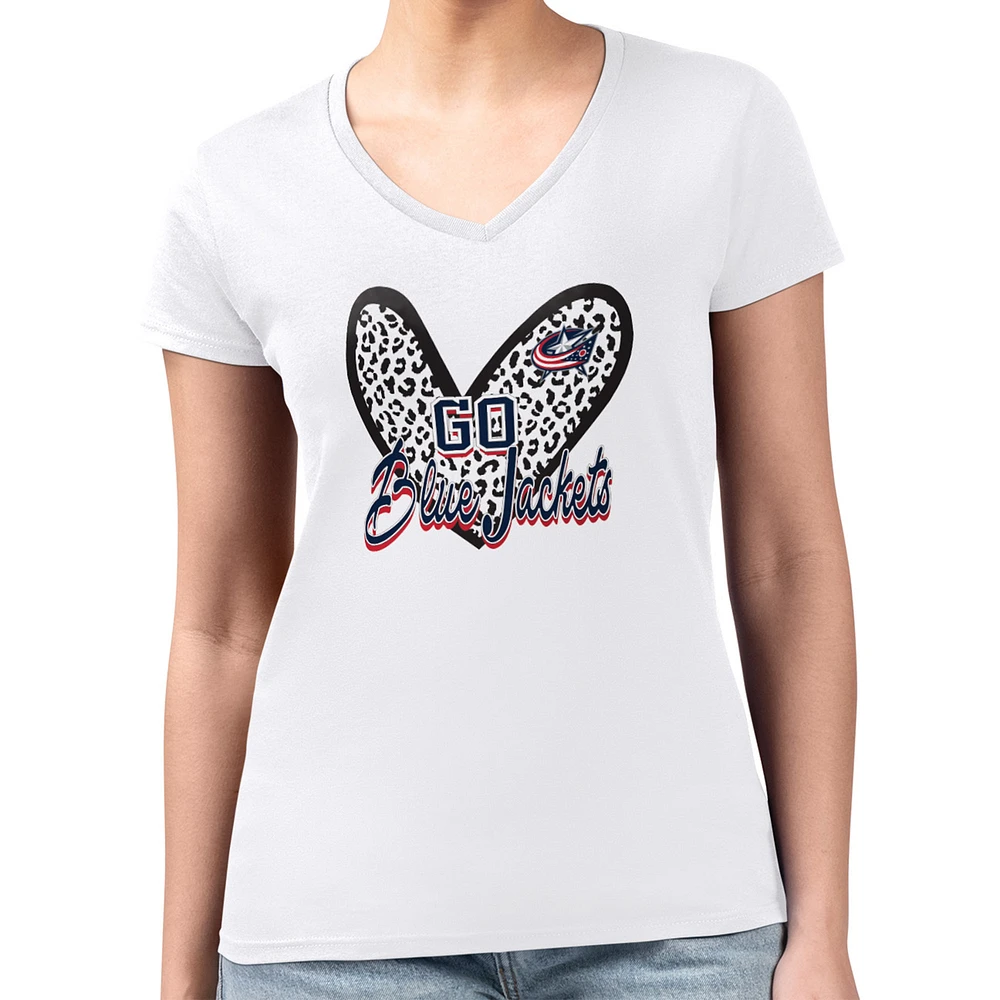 Women's G-III 4Her by Carl Banks White Columbus Blue Jackets Super-Slim Fit Lightweight Animal Print Heart V-Neck T-Shirt