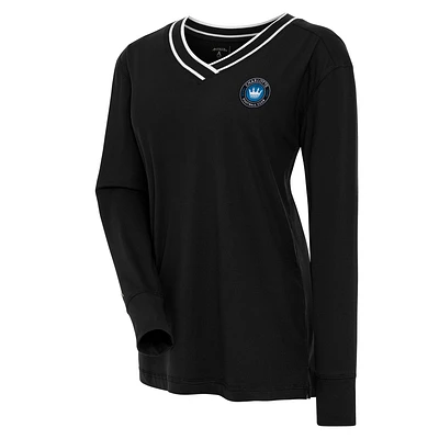 Women's Antigua Black Charlotte FC Symbolic V-Neck Long Sleeve T-Shirt
