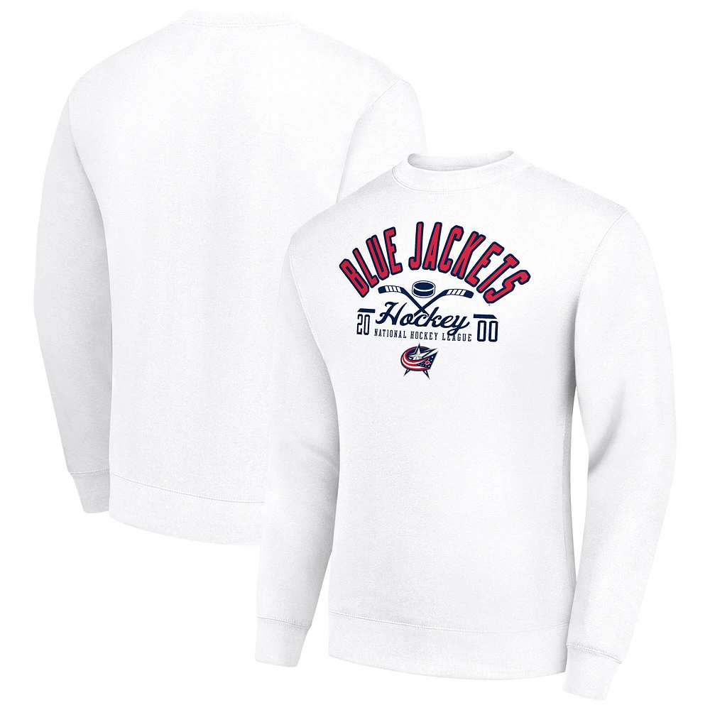 Men's Starter White Columbus Blue Jackets Stick And Puck Logo Fleece Pullover Sweatshirt