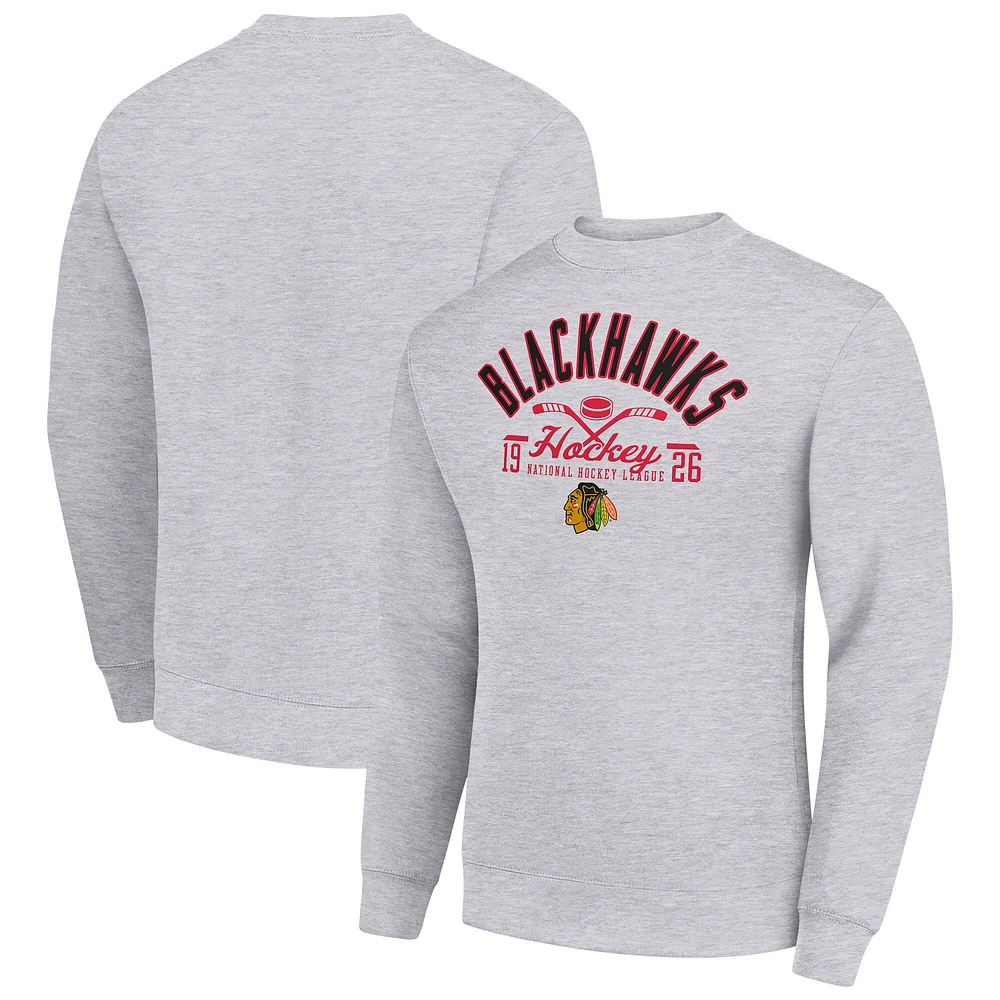 Men's Starter Heather Gray Chicago Blackhawks Stick And Puck Logo Fleece Pullover Sweatshirt