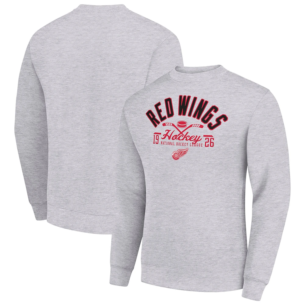 Men's Starter Heather Gray Detroit Red Wings Stick And Puck Logo Fleece Pullover Sweatshirt