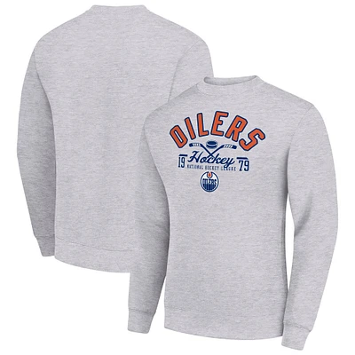 Men's Starter Heather Gray Edmonton Oilers Stick And Puck Logo Fleece Pullover Sweatshirt