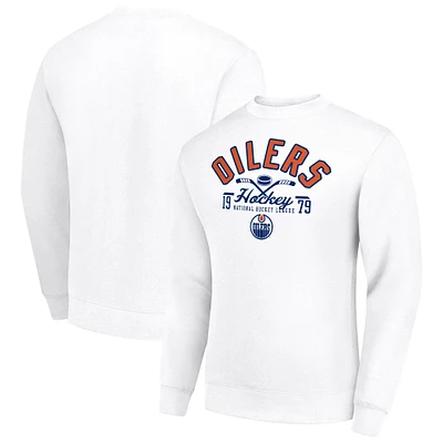 Men's Starter White Edmonton Oilers Stick And Puck Logo Fleece Pullover Sweatshirt