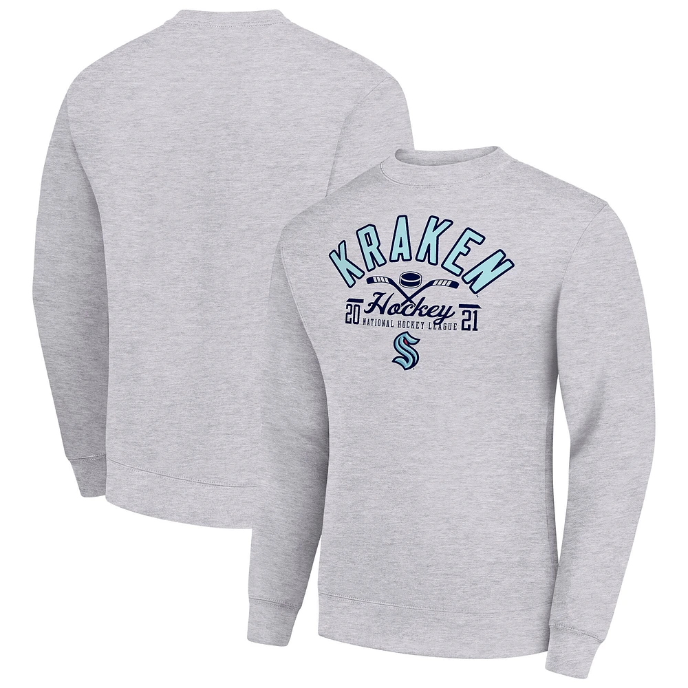 Men's Starter Heather Gray Seattle Kraken Stick And Puck Logo Fleece Pullover Sweatshirt