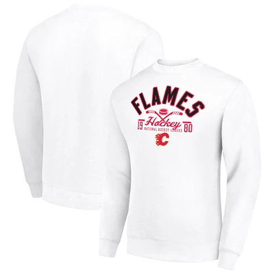 Men's Starter White Calgary Flames Stick And Puck Logo Fleece Pullover Sweatshirt