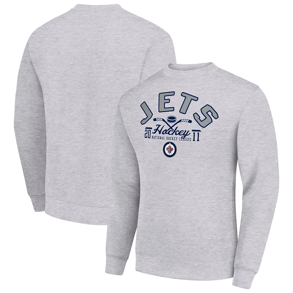 Men's Starter Heather Gray Winnipeg Jets Stick And Puck Logo Fleece Pullover Sweatshirt
