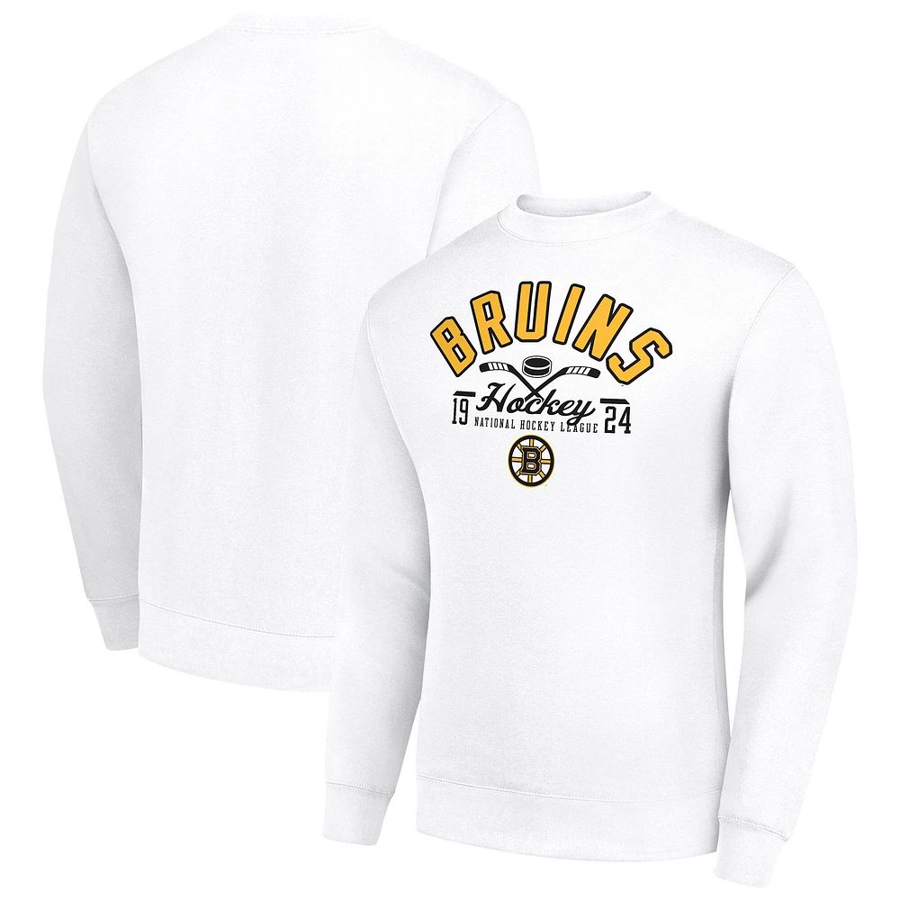 Men's Starter White Boston Bruins Stick And Puck Logo Fleece Pullover Sweatshirt