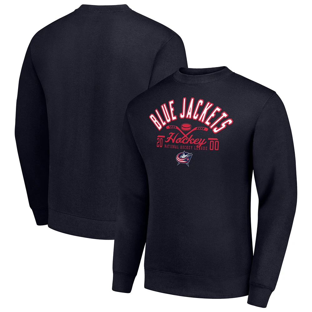 Men's Starter Navy Columbus Blue Jackets Stick And Puck Logo Fleece Pullover Sweatshirt