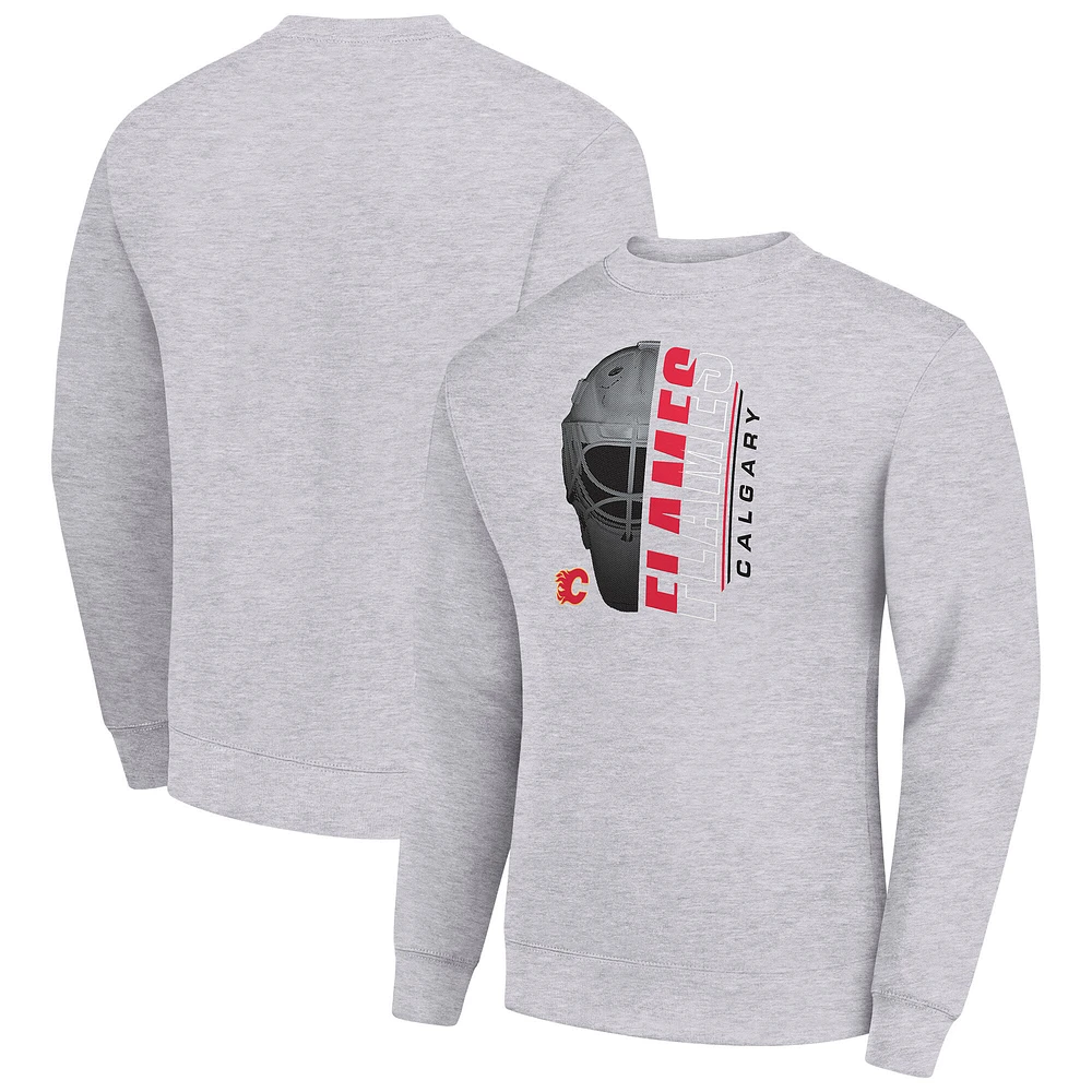Men's Starter Heather Gray Calgary Flames Half Helmet Team Logo Pullover Sweatshirt