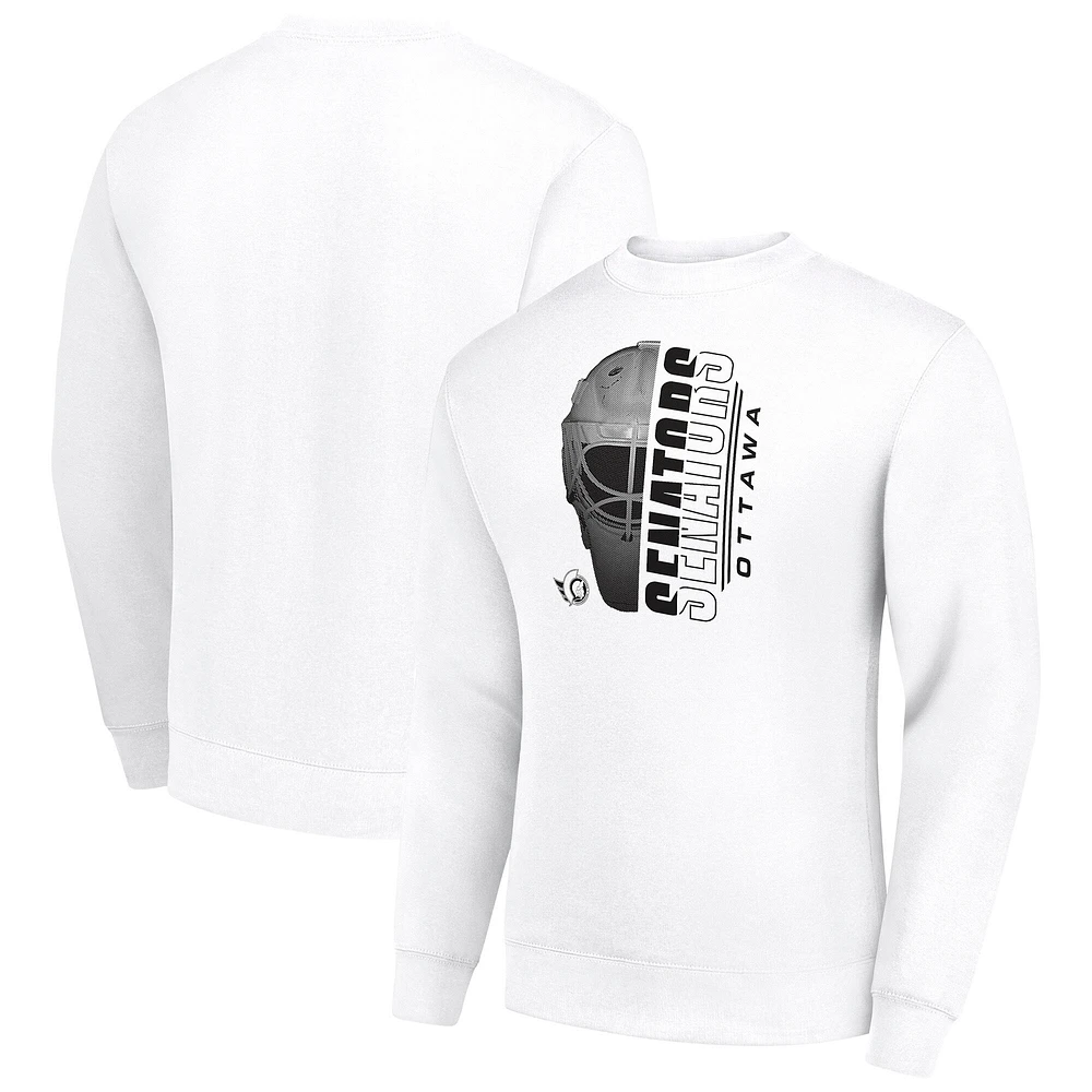 Men's Starter White Ottawa Senators Half Helmet Team Logo Pullover Sweatshirt
