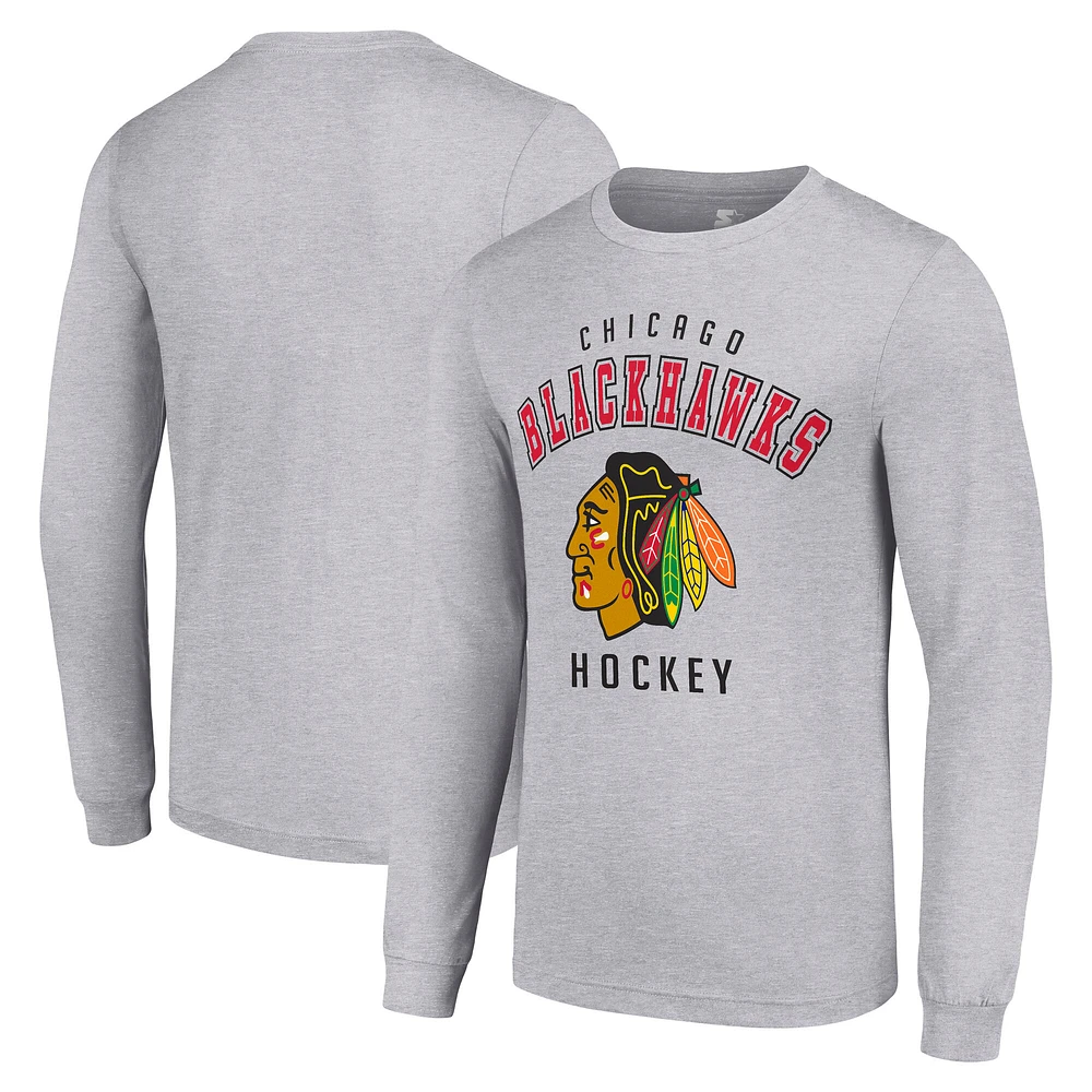 Men's Starter Heather Gray Chicago Blackhawks Logo Long Sleeve T-Shirt
