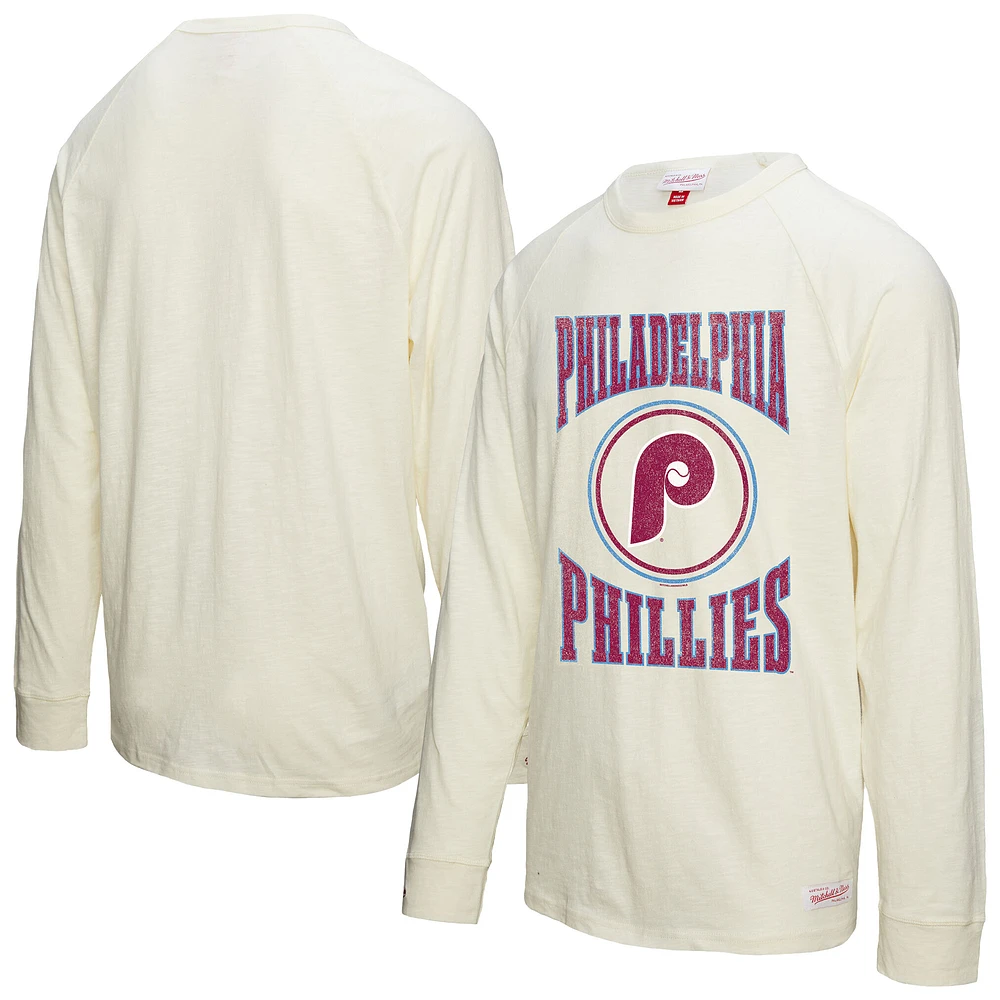 Men's Mitchell & Ness Cream Philadelphia Phillies Arched Logo Slub Long Sleeve T-Shirt