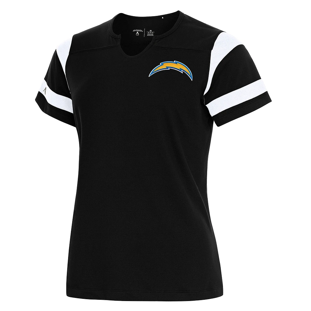 Women's Antigua Black Los Angeles Chargers Encounter Short Sleeve Notch Neck Top