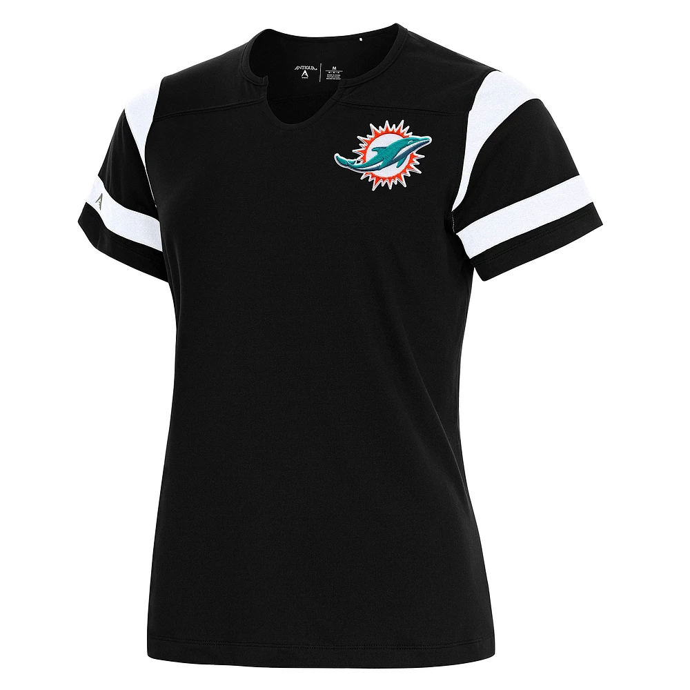 Women's Antigua Black Miami Dolphins Encounter Short Sleeve Notch Neck Top