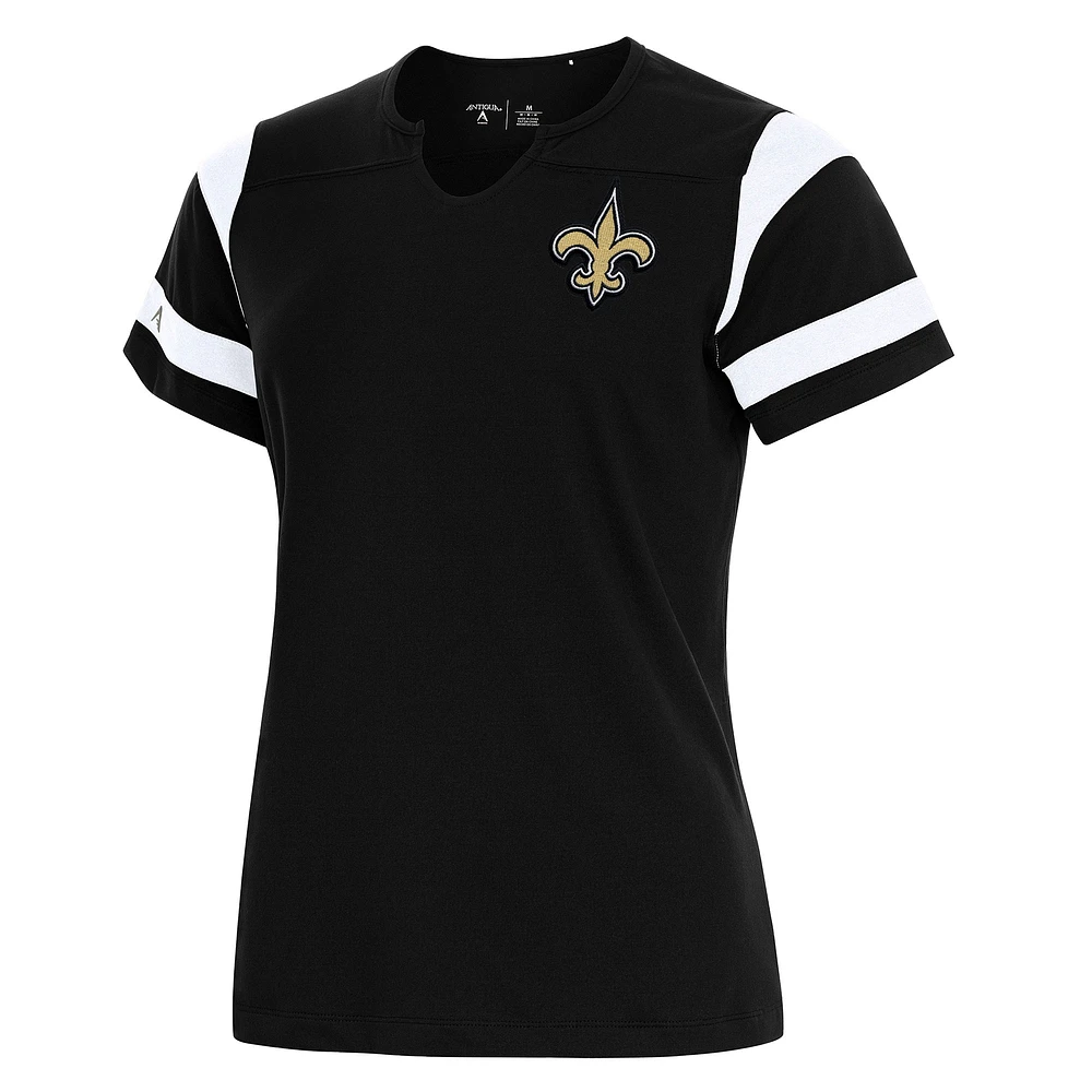 Women's Antigua Black New Orleans Saints Encounter Short Sleeve Notch Neck Top