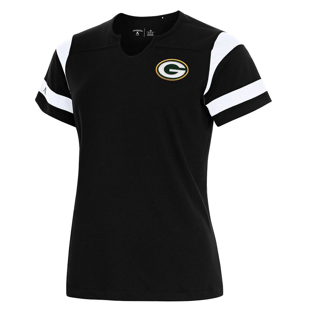 Women's Antigua Black Green Bay Packers Encounter Short Sleeve Notch Neck Top