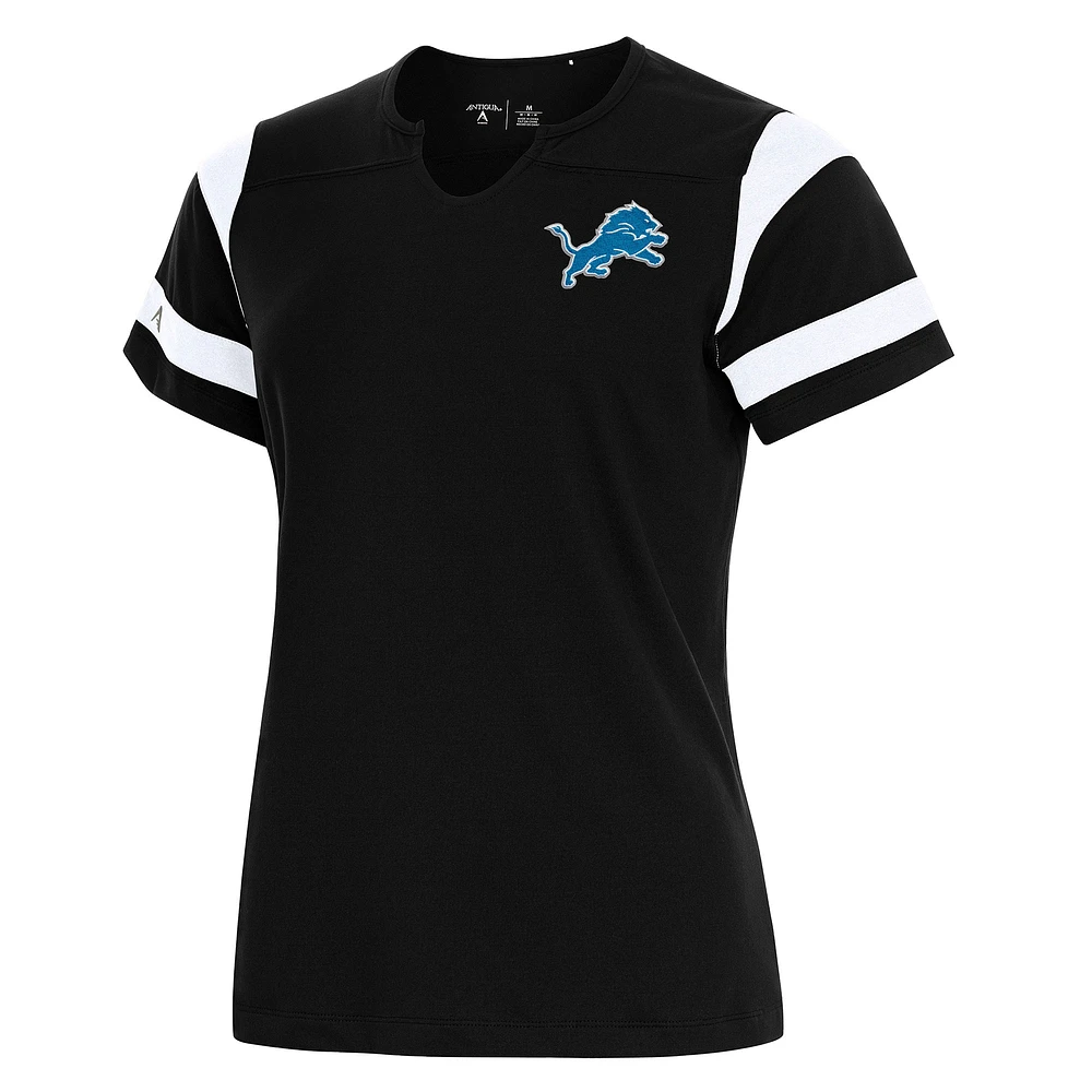 Women's Antigua Black Detroit Lions Encounter Short Sleeve Notch Neck Top