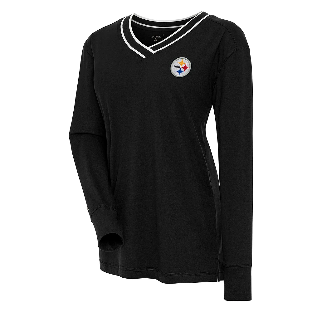 Women's Antigua Black Pittsburgh Steelers Symbolic Long Sleeve V-Neck Top