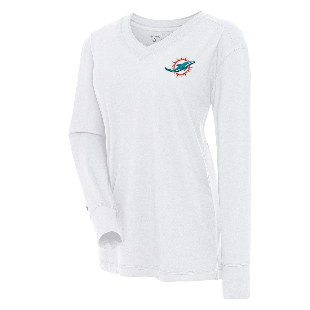 Women's Antigua White Miami Dolphins Symbolic Long Sleeve V-Neck Top