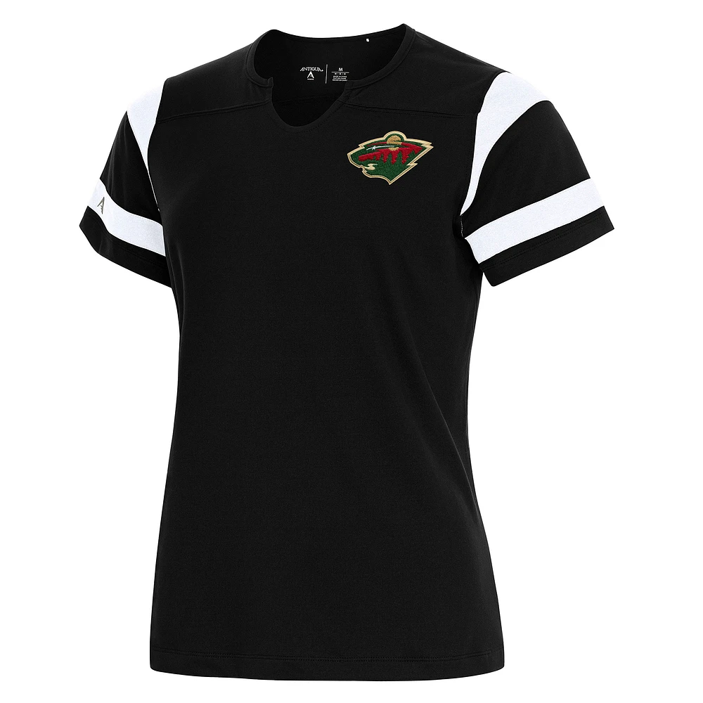 Women's Antigua Black Minnesota Wild Encounter Short Sleeve Notch Neck Top