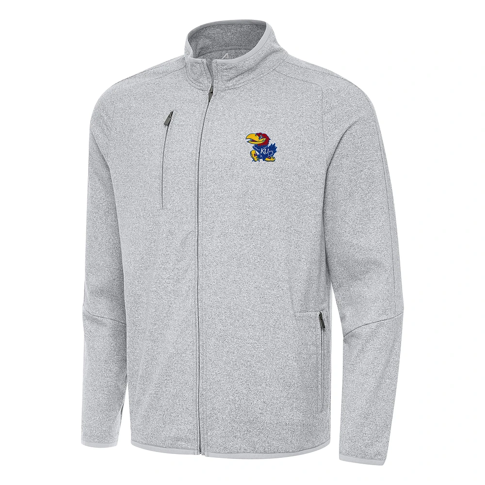 Men's Antigua Heather Gray Kansas Jayhawks Hold-Up Full-Zip Tri-Blend Jacket