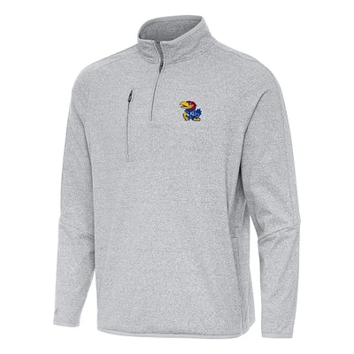 Men's Antigua Heather Kansas Jayhawks Certain Tri-Blend Quarter-Zip Sweatshirt