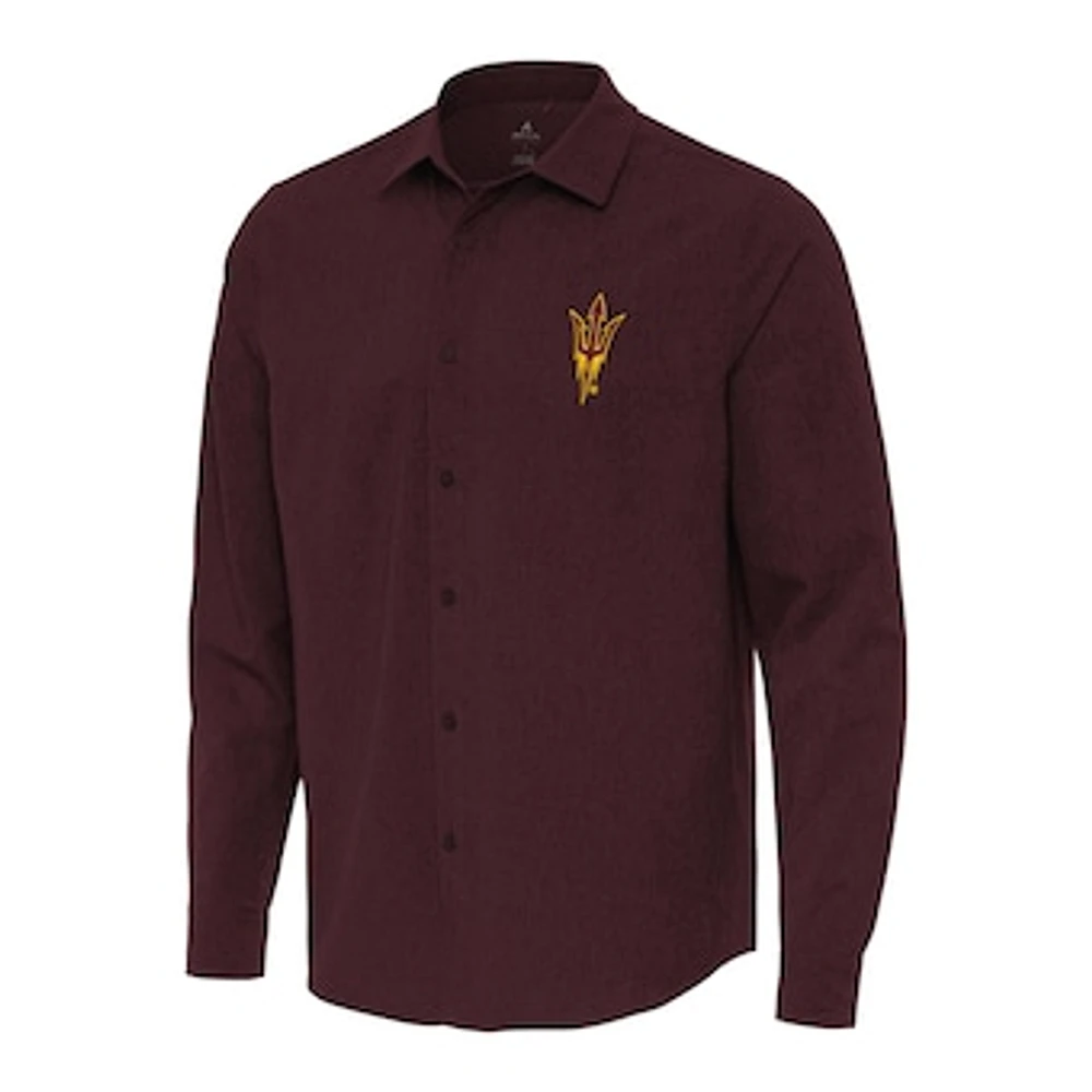 Men's Antigua Maroon Arizona State Sun Devils Exposure Woven Long Sleeve Button-Up Shirt