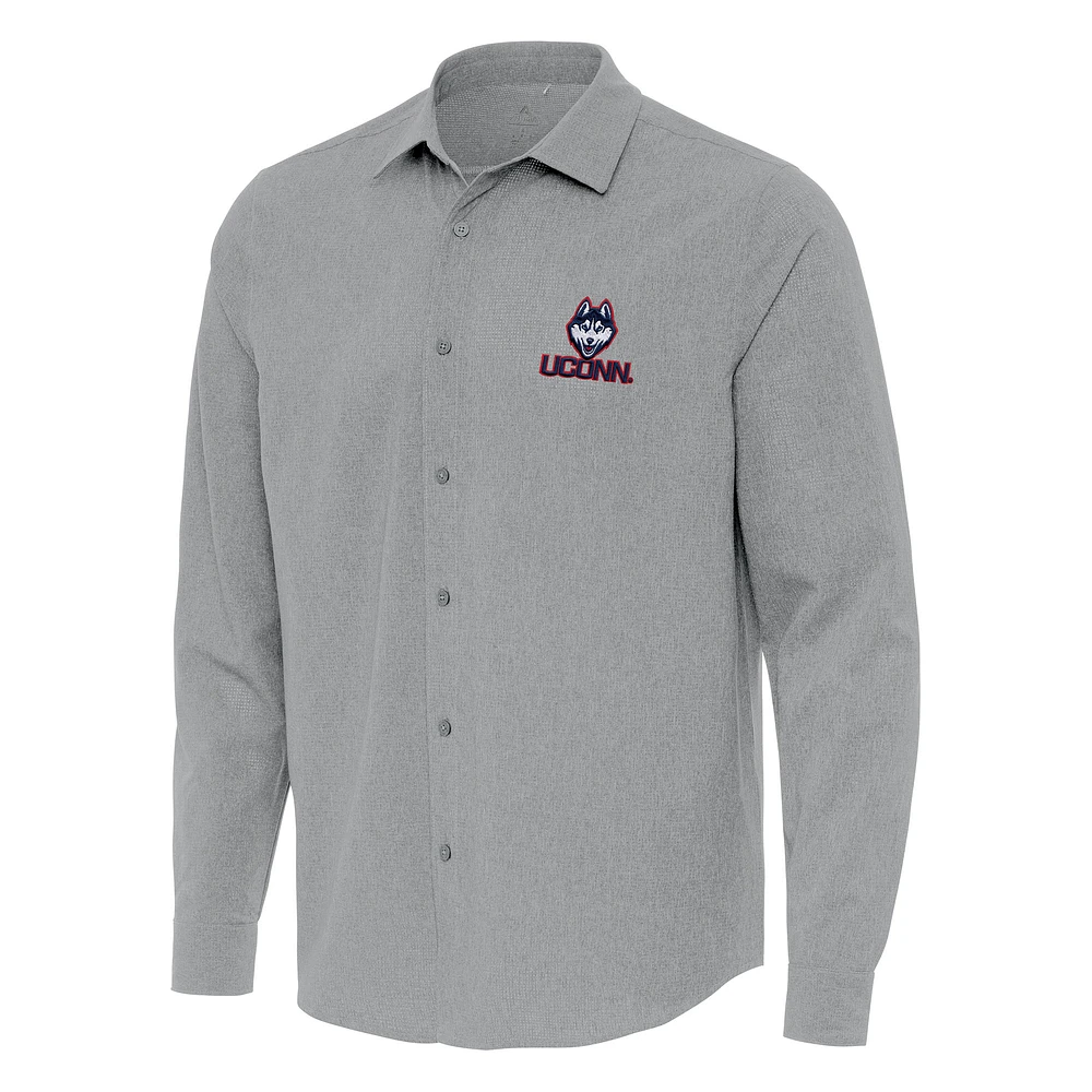 Men's Antigua Gray UConn Huskies Exposure Woven Long Sleeve Button-Up Shirt