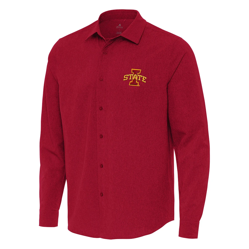 Men's Antigua Cardinal Iowa State Cyclones Exposure Woven Long Sleeve Button-Up Shirt