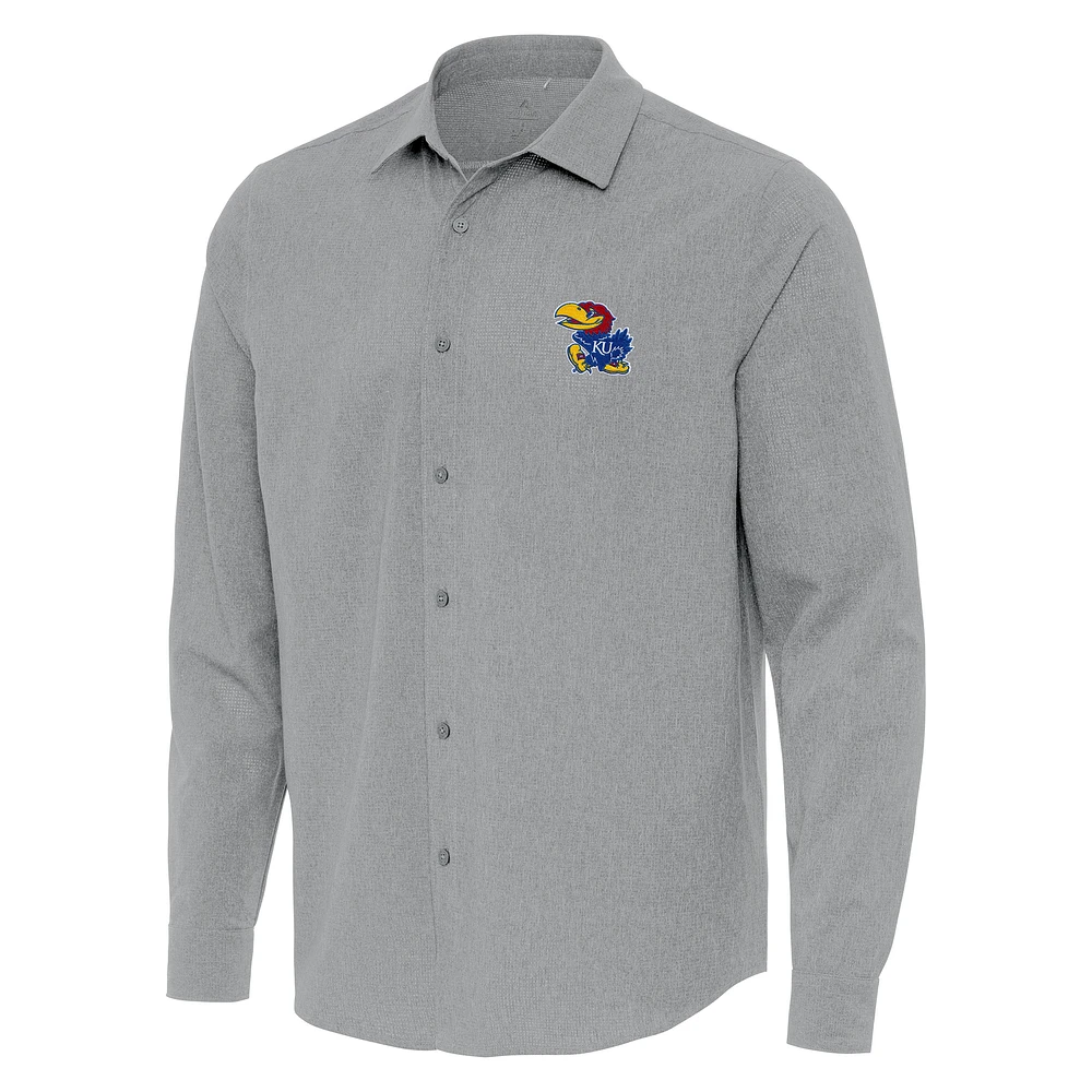 Men's Antigua Gray Kansas Jayhawks Exposure Woven Long Sleeve Button-Up Shirt
