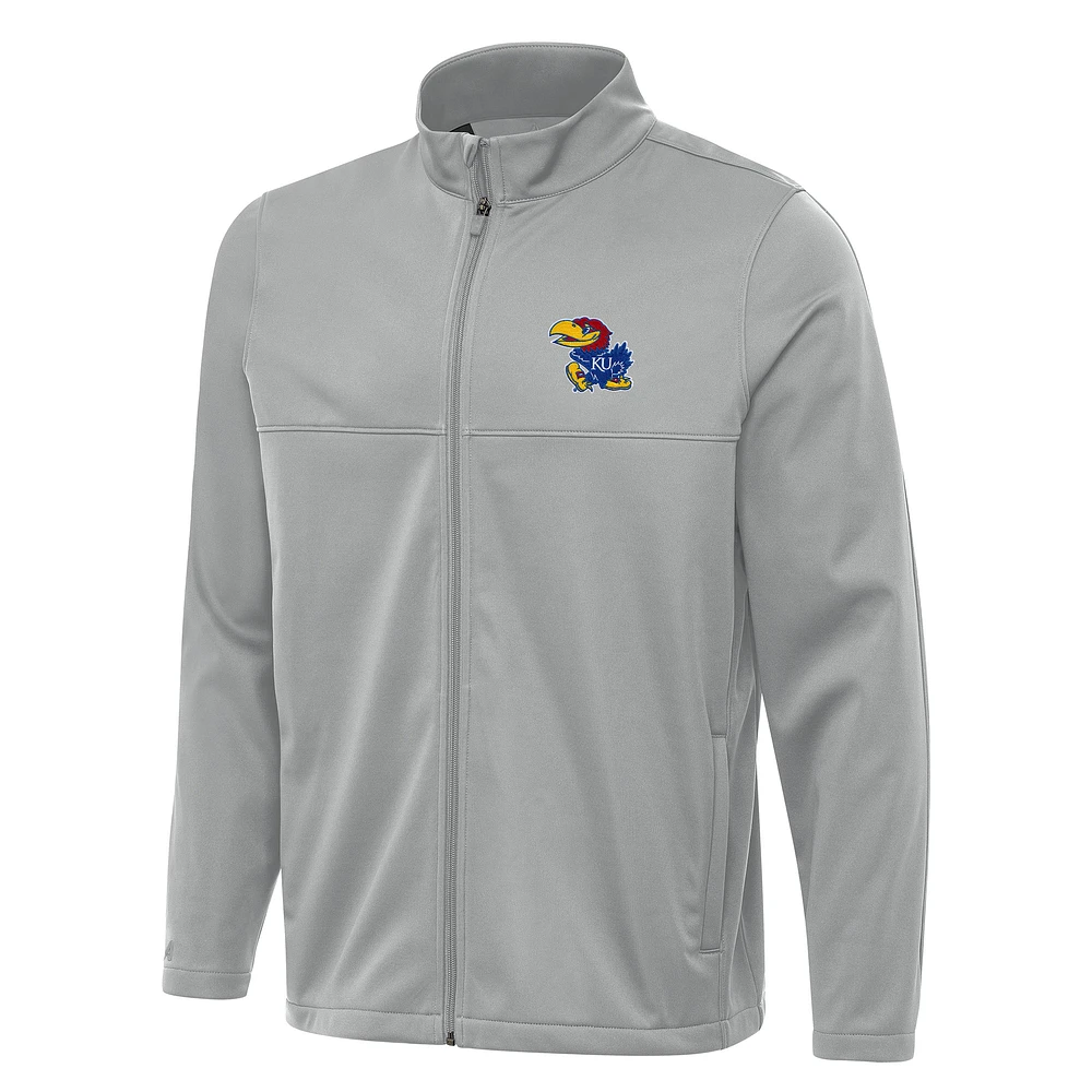Men's Antigua Gray Kansas Jayhawks Links 2 Full-Zip Golf Jacket