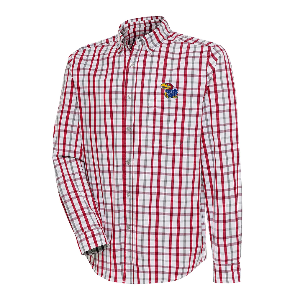 Men's Antigua /Gray Kansas Jayhawks Tending Tri-Blend Button-Down Long Sleeve Shirt