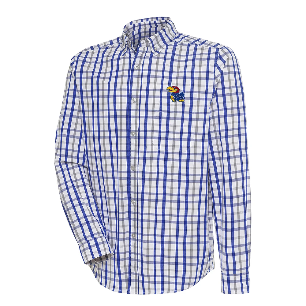Men's Antigua Royal/Gray Kansas Jayhawks Tending Tri-Blend Button-Down Long Sleeve Shirt