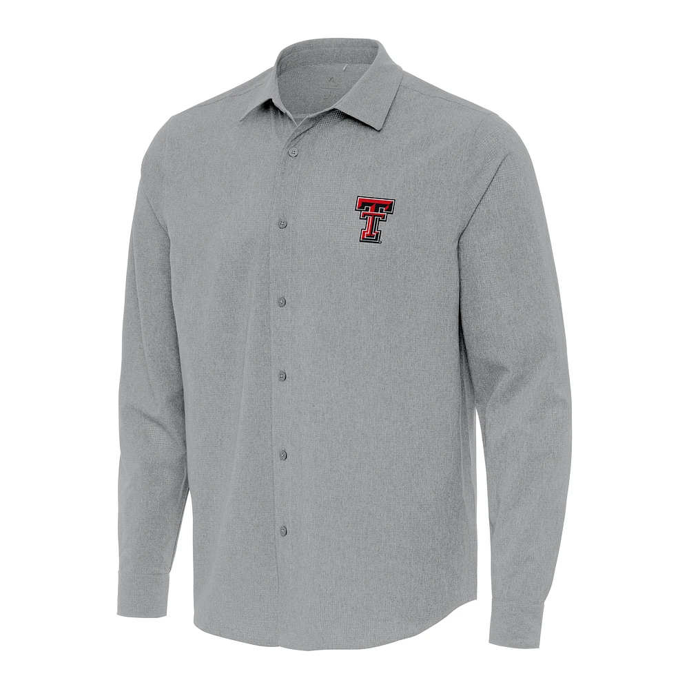 Men's Antigua Gray Texas Tech Red Raiders Exposure Woven Long Sleeve Button-Up Shirt