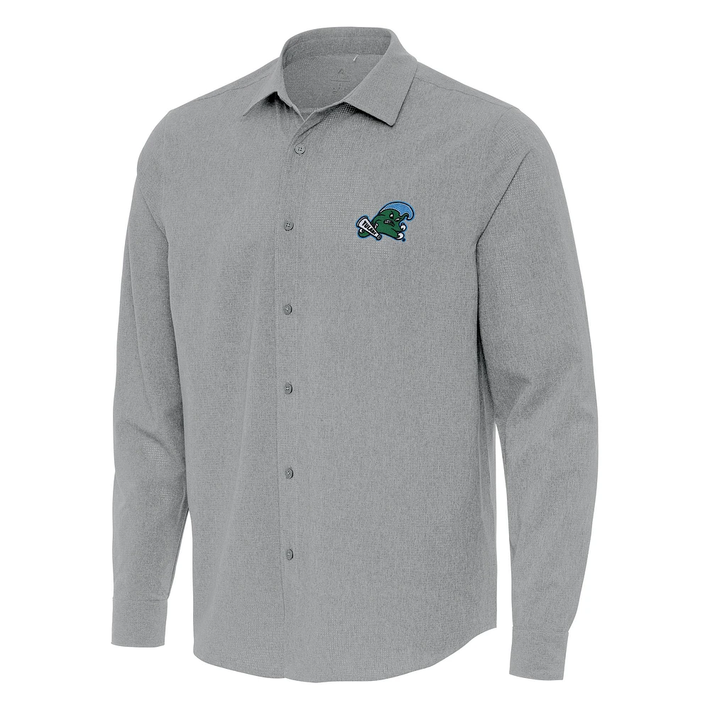 Men's Antigua Gray Tulane Green Wave Exposure Woven Long Sleeve Button-Up Shirt