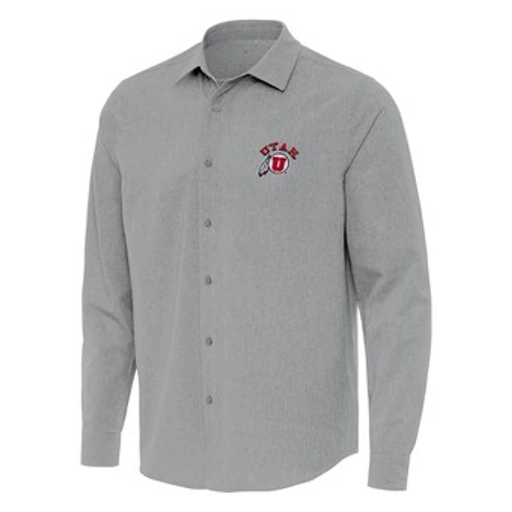Men's Antigua Gray Utah Utes Exposure Woven Long Sleeve Button-Up Shirt