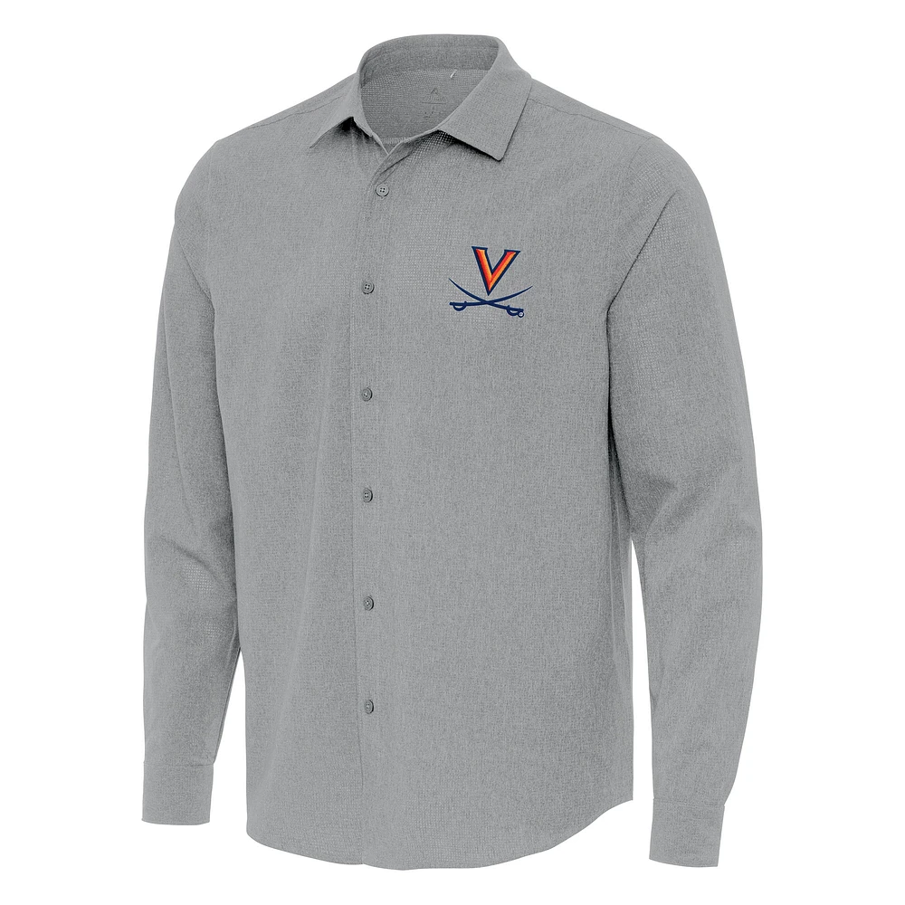 Men's Antigua Gray Virginia Cavaliers Exposure Woven Long Sleeve Button-Up Shirt