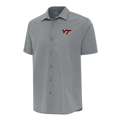 Men's Antigua Gray Virginia Tech Hokies Activate Woven Short Sleeve Button-Up Shirt