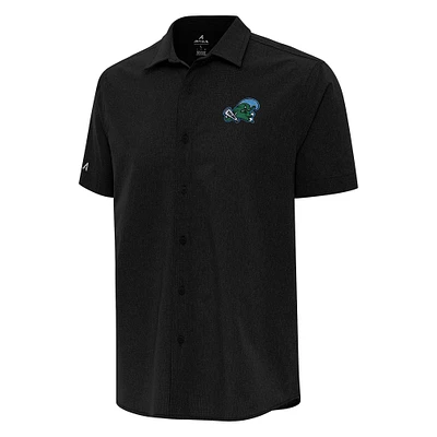Men's Antigua Black Tulane Green Wave Activate Woven Short Sleeve Button-Up Shirt