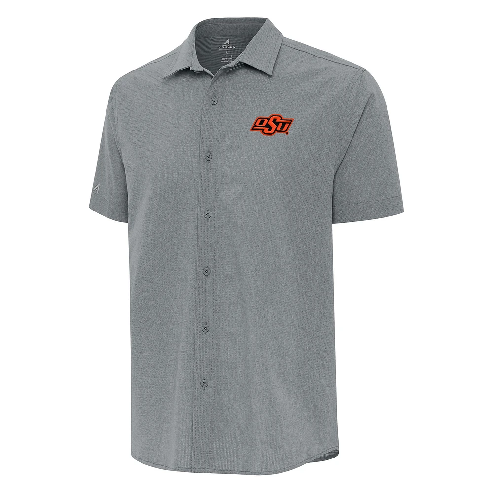 Men's Antigua Gray Oklahoma State Cowboys Activate Woven Short Sleeve Button-Up Shirt