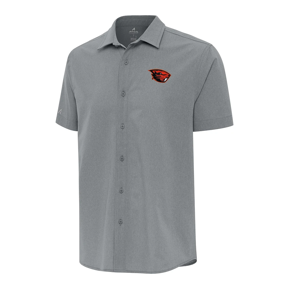 Men's Antigua Gray Oregon State Beavers Activate Woven Short Sleeve Button-Up Shirt