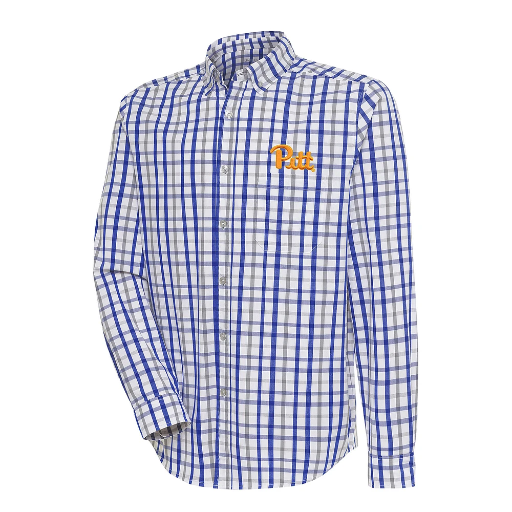 Men's Antigua Royal/Gray Pitt Panthers Tending Tri-Blend Button-Down Long Sleeve Shirt
